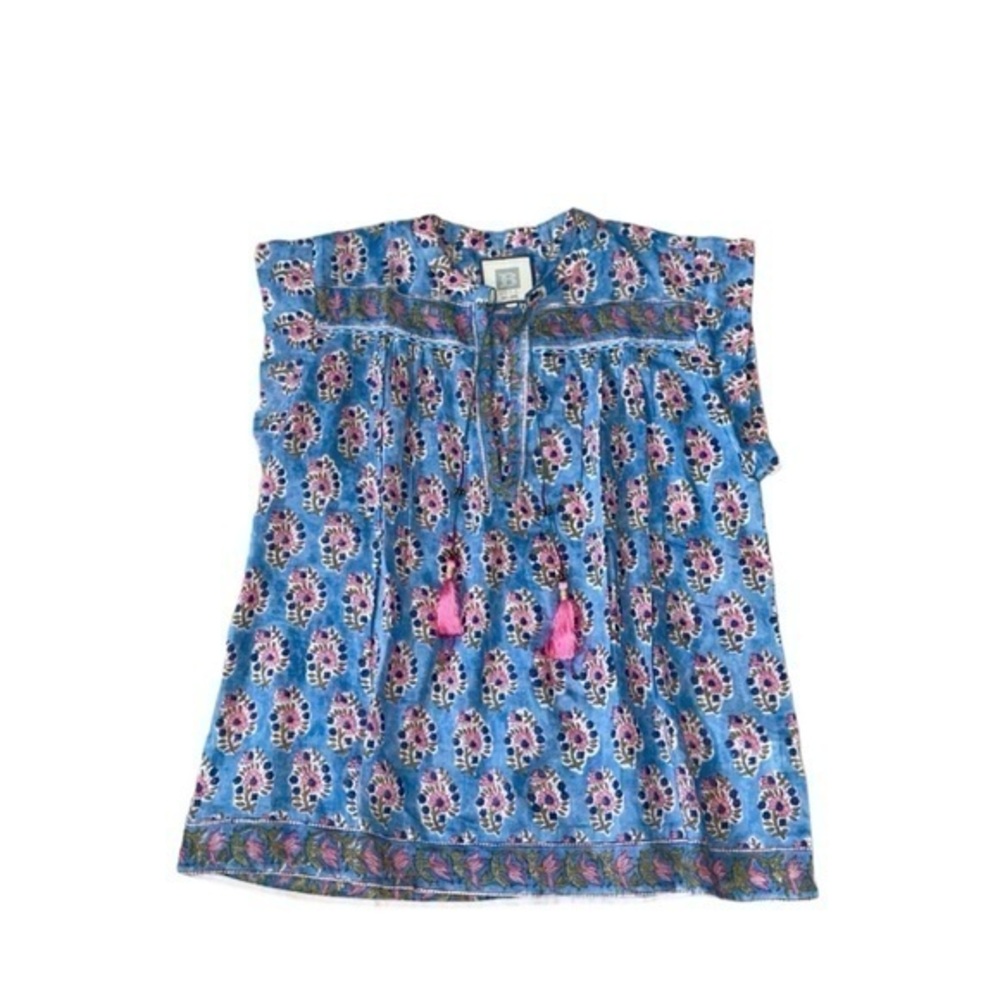 Blue Floral Boho Peasant Top with Pink Tassels